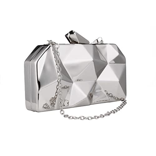 Simcat Women Geometric Lattice Pattern Metal Evening Bag Bridal Prom Crossbody Bag Party Clutch Wedding Purse with Chain (Silver) - Image 2