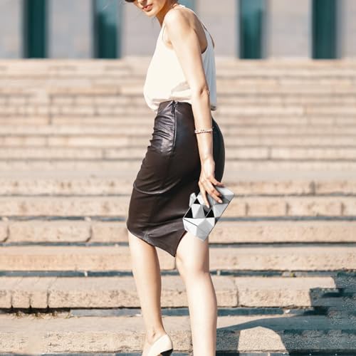 Simcat Women Geometric Lattice Pattern Metal Evening Bag Bridal Prom Crossbody Bag Party Clutch Wedding Purse with Chain (Silver) - Image 3