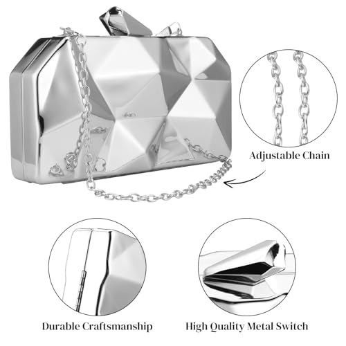 Simcat Women Geometric Lattice Pattern Metal Evening Bag Bridal Prom Crossbody Bag Party Clutch Wedding Purse with Chain (Silver) - Image 5