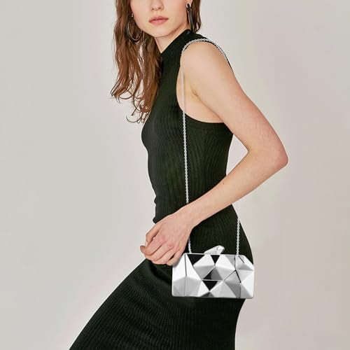 Simcat Women Geometric Lattice Pattern Metal Evening Bag Bridal Prom Crossbody Bag Party Clutch Wedding Purse with Chain (Silver) - Image 4