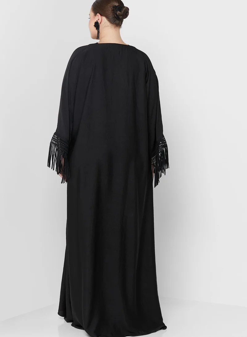 Hayas Closet Curve Tiered Fringe Hem Abaya