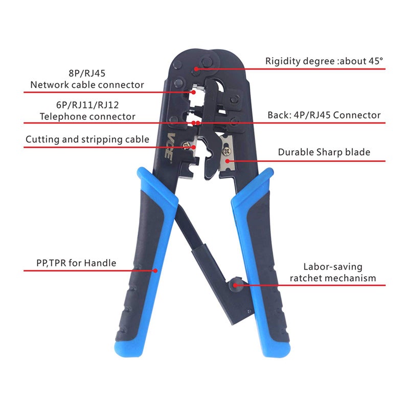 VCELINK VCELINK GJ668BL RJ45 Crimp Tool, Ethernet Crimping Tool for Cat5/Cat6/Cat7 RJ45 Connector and RJ11/RJ12 Telephone Plug, with Built-in Wire Stripper and Cutter  - Image 2