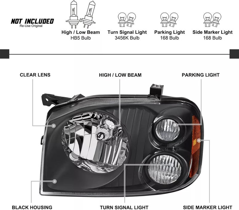 APSVE 2PCS Black Headlight Assembly for 2001-2004 Nissan Frontier - Image 2