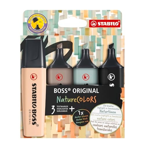 STABILO Aesthetic Highlighter Pen Set | BOSS ORIGINAL NatureCOLORS | Pack of 4 | Beige, Warm Grey, Earth Green, Black - Image 1