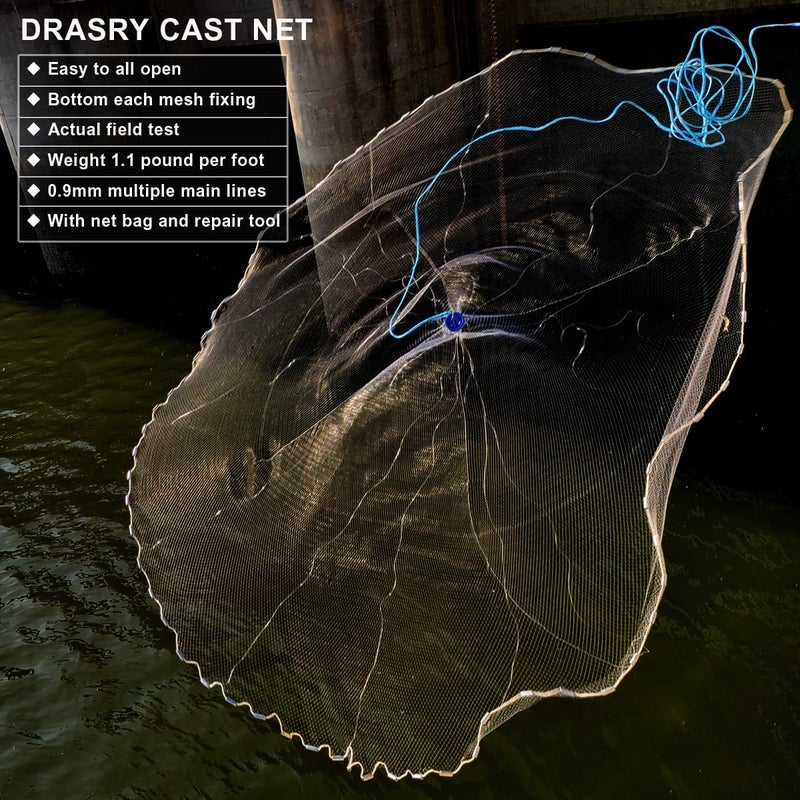 Drasry Saltwater American Fishing Cast Net 3/8inch Mesh Size for Bait Shrimp Trap Fish Heavy Duty Sinkers Throw Net 3FT to 12FT Radius 6FT Radius - Image 4