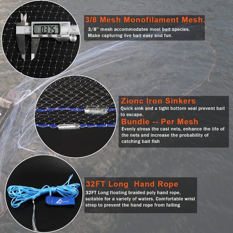 Drasry Saltwater American Fishing Cast Net 3/8inch Mesh Size for Bait Shrimp Trap Fish Heavy Duty Sinkers Throw Net 3FT to 12FT Radius 6FT Radius - Image 2