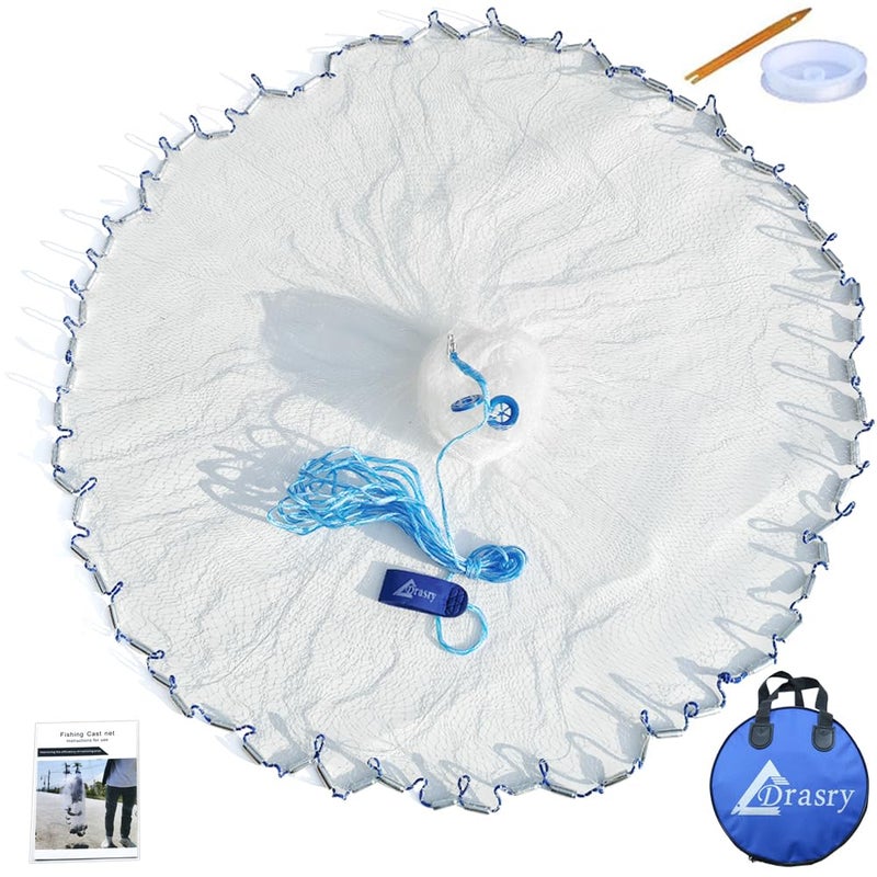 Drasry Saltwater American Fishing Cast Net 3/8inch Mesh Size for Bait Shrimp Trap Fish Heavy Duty Sinkers Throw Net 3FT to 12FT Radius 6FT Radius - Image 1