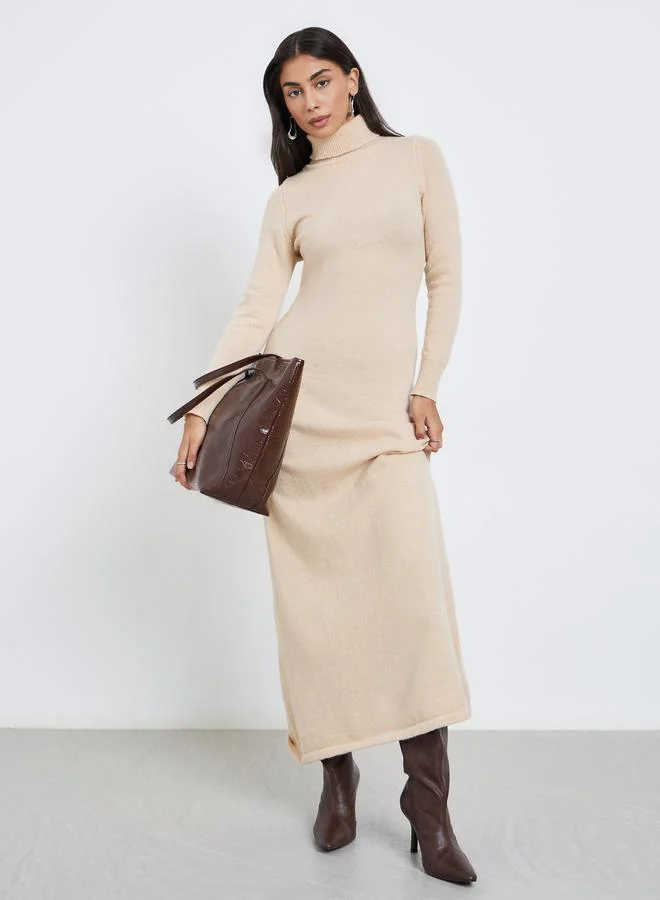 Styli Beige Roll-Up Neck Sweater Maxi Dress