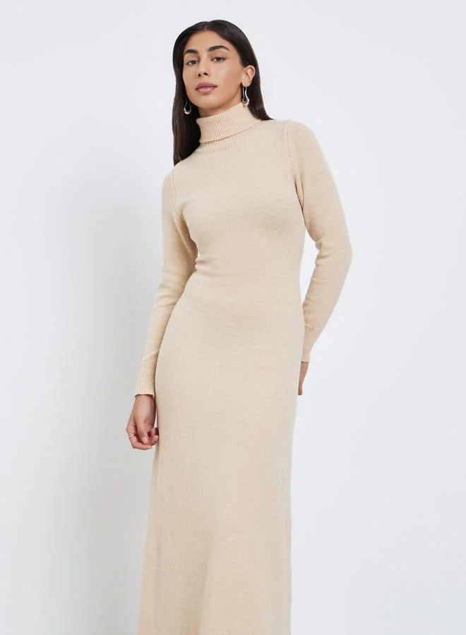 Styli Styli Beige Roll-Up Neck Sweater Maxi Dress