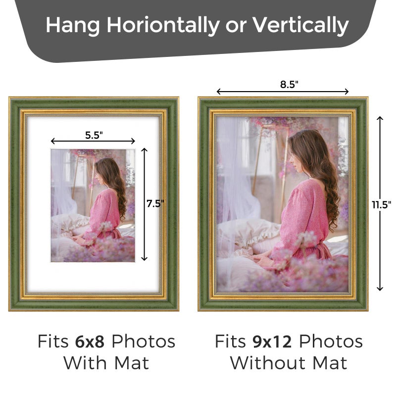 Space Art Deco  9x12 Ornate Picture Frame for 6x8 Photo with Mat or 9x12 Picture Without Mat  Real Glass for Wall Mounting(Green Gold  1 Pack) - Image 4