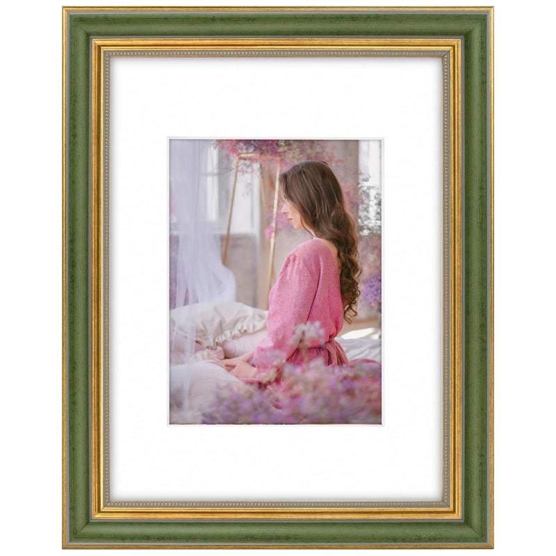 Space Art Deco  9x12 Ornate Picture Frame for 6x8 Photo with Mat or 9x12 Picture Without Mat  Real Glass for Wall Mounting(Green Gold  1 Pack) - Image 1