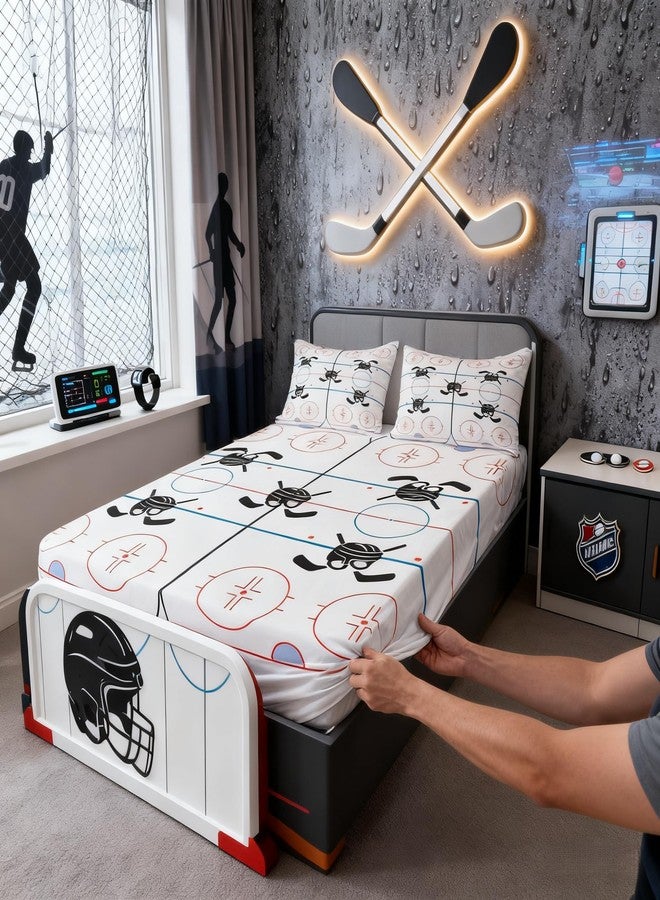 Homewish Hockey Stadium Kids Sheet Twin Size,Ice Hockey Rink Bedding Set for Boys Girls Adults,Winter Event Sports Lovers Abstract Vivid White Bed Sheet Set 3pcs(Fitted Sheet + Flat Sheet + 1 Pillowcase) - Image 4