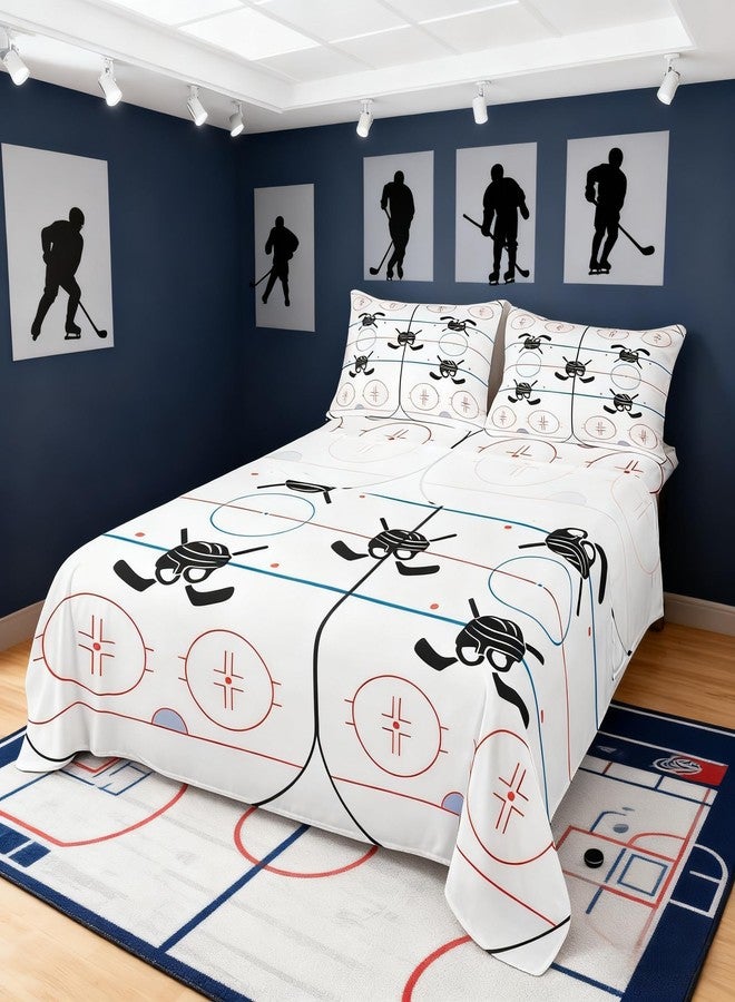 Homewish Hockey Stadium Kids Sheet Twin Size,Ice Hockey Rink Bedding Set for Boys Girls Adults,Winter Event Sports Lovers Abstract Vivid White Bed Sheet Set 3pcs(Fitted Sheet + Flat Sheet + 1 Pillowcase) - Image 2