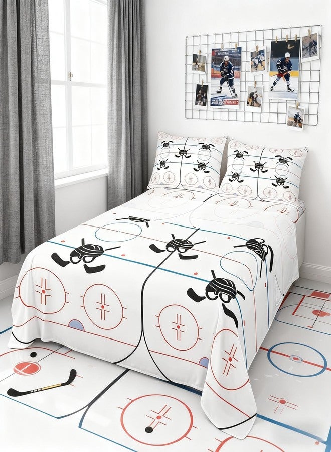 Homewish Hockey Stadium Kids Sheet Twin Size,Ice Hockey Rink Bedding Set for Boys Girls Adults,Winter Event Sports Lovers Abstract Vivid White Bed Sheet Set 3pcs(Fitted Sheet + Flat Sheet + 1 Pillowcase) - Image 1