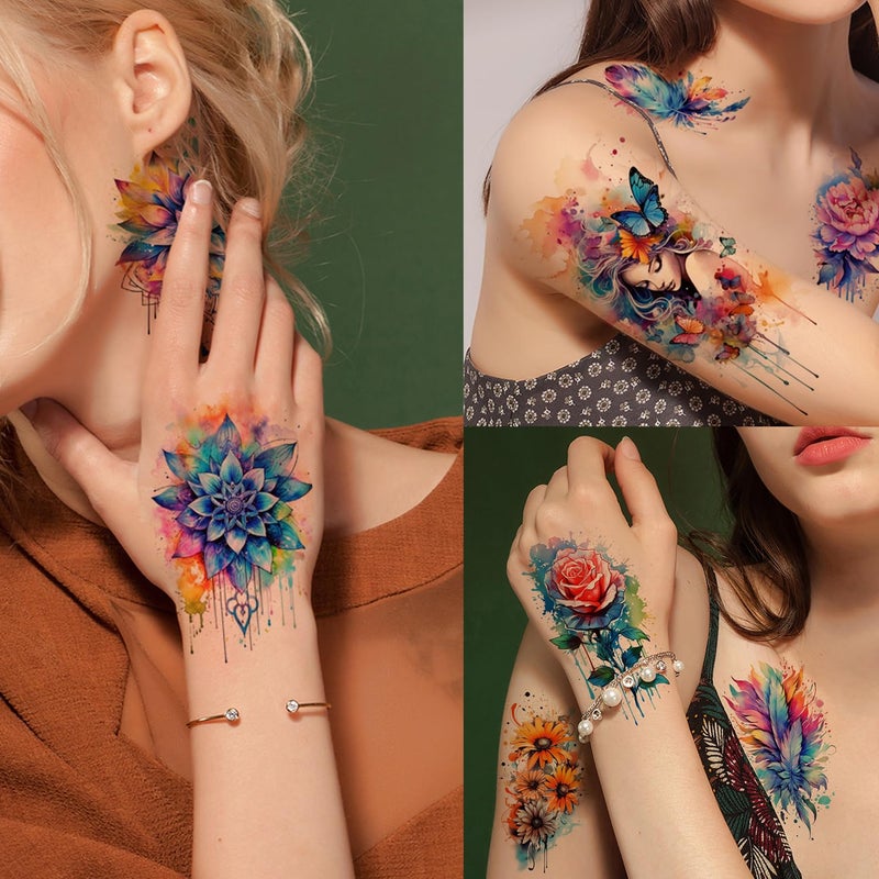 Glaryyears 52 Watercolor Temporary Tattoos for Women Adults - Realistic 3D Floral Butterfly Phoenix Mandala Fake Tattoos Set, Waterproof Long Lasting Body Sticker for Parties Weddings (12 Large Tattoos Included) - Image 5