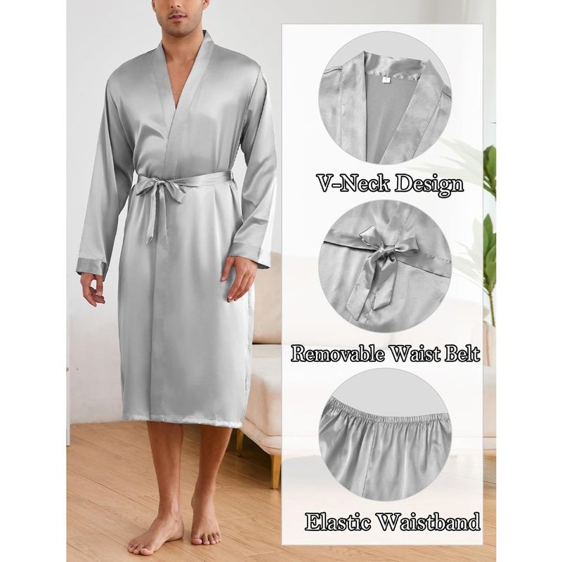 SEAUR Men's Pyjamas Robe 2 Set Long Sleeve Satin Pyjama with Shorts Sleepwear Nightwear Loungewear Solid Minimalist - Image 5