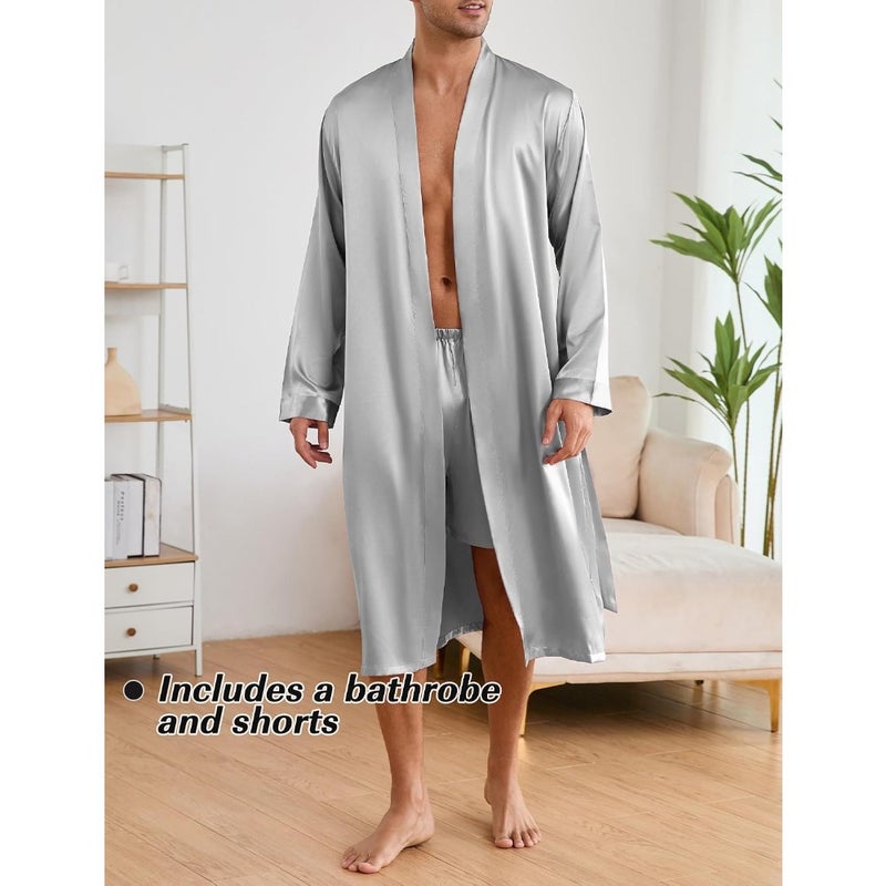 SEAUR Men's Pyjamas Robe 2 Set Long Sleeve Satin Pyjama with Shorts Sleepwear Nightwear Loungewear Solid Minimalist - Image 3