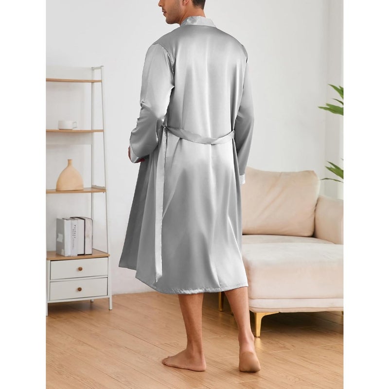 SEAUR Men's Pyjamas Robe 2 Set Long Sleeve Satin Pyjama with Shorts Sleepwear Nightwear Loungewear Solid Minimalist - Image 2