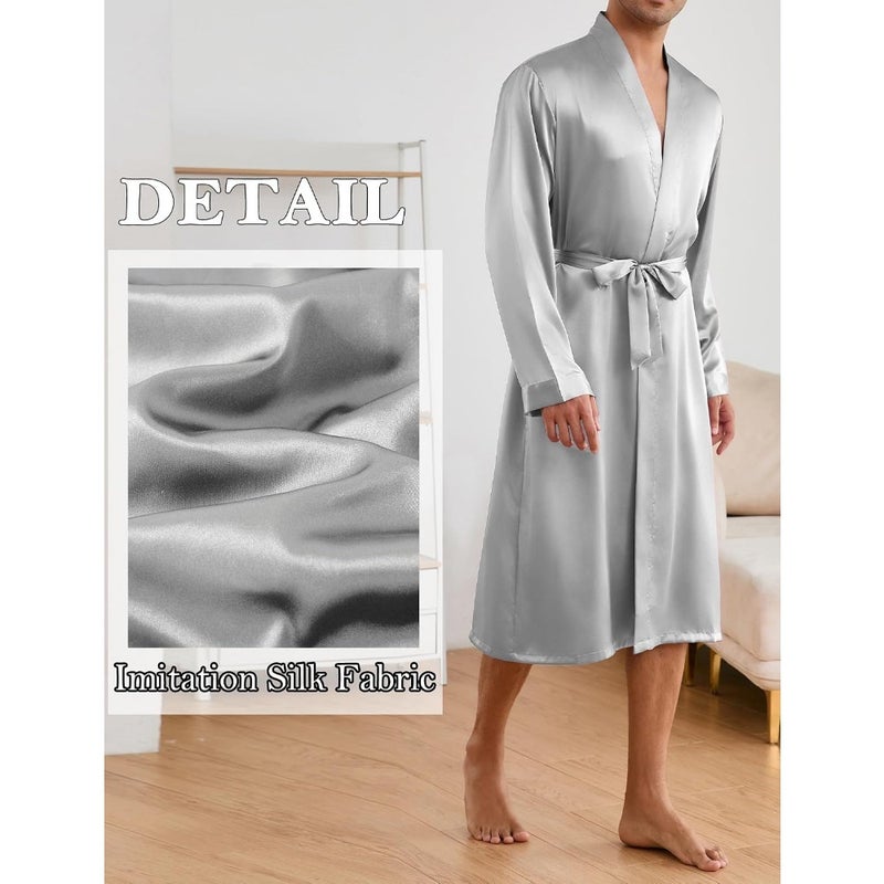 SEAUR Men's Pyjamas Robe 2 Set Long Sleeve Satin Pyjama with Shorts Sleepwear Nightwear Loungewear Solid Minimalist - Image 4