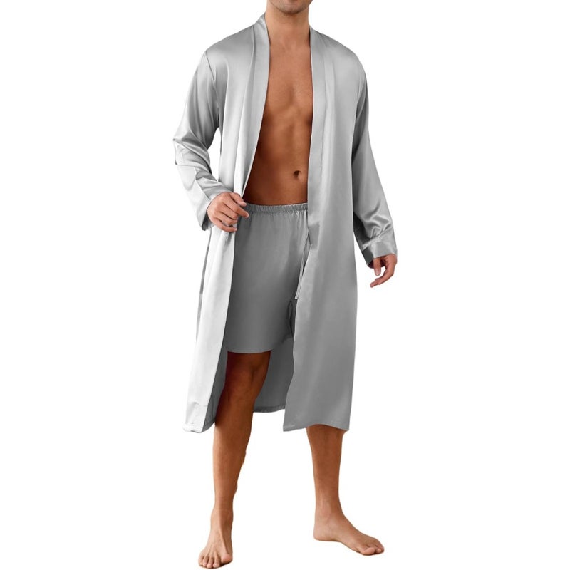 SEAUR Men's Pyjamas Robe 2 Set Long Sleeve Satin Pyjama with Shorts Sleepwear Nightwear Loungewear Solid Minimalist - Image 1