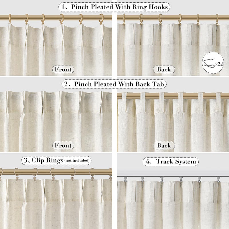 Joywell Linen Pinch Pleated Window Curtains 96 Inches Long Back Tab Clip Rings Light Filtering Drapes with Hooks for Master Bedroom Living Room Decor W50 x L96 Natural Beige 2 Panels Set 8 FT - Image 3