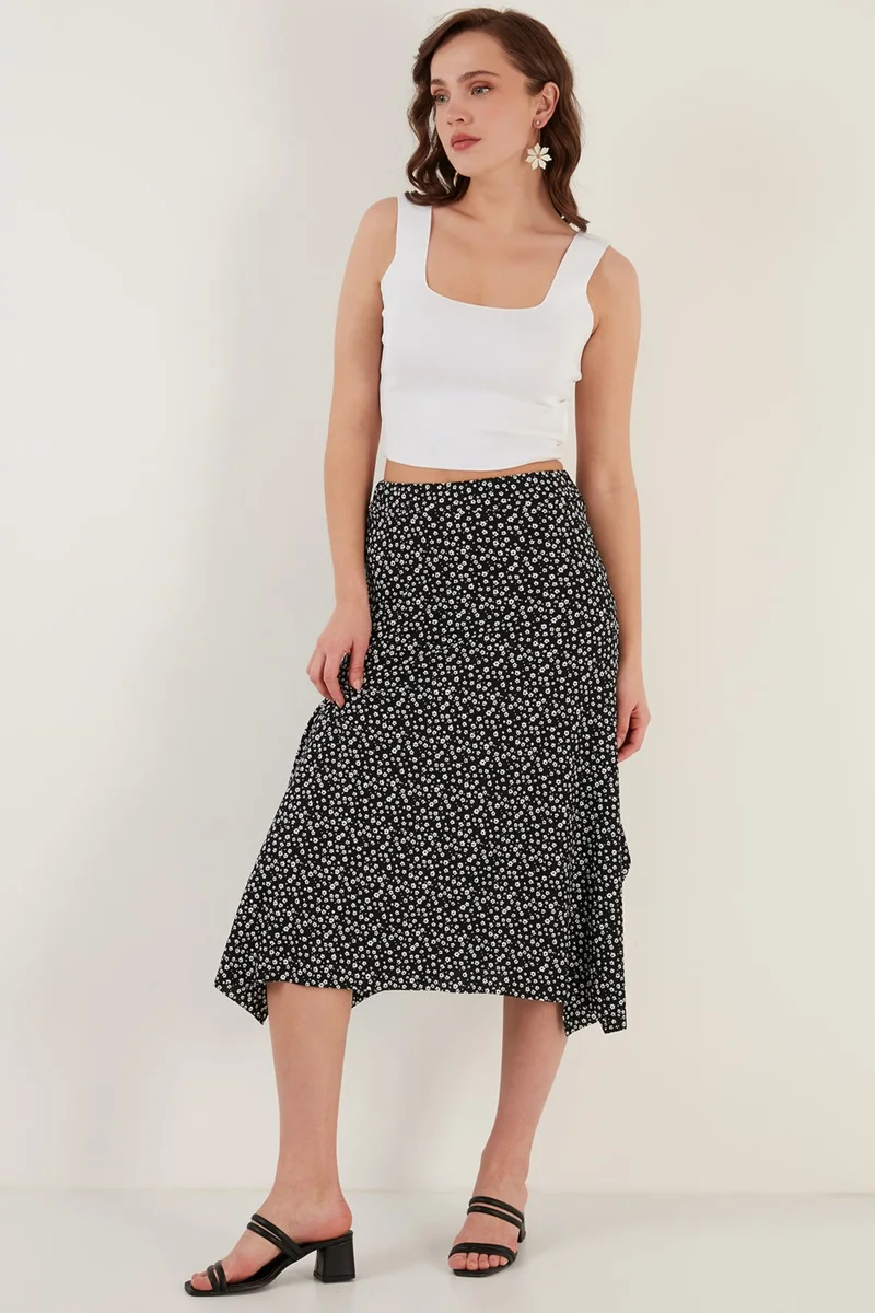 ليلا Patterned Flounce Midi Length Slit Skirt Women's Skirt 5864073