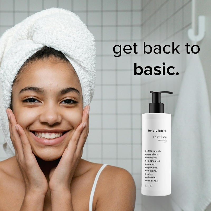 Boldly Basic غسول جسم خالي من العطور غسول لطيف على البشرة الحساسة جل استحمام غير معطر مختبر من قبل أطباء الجلدية خالي من الكبريتات والبارابين والغلوتين غير كوميدوغينيك ومضاد للحساسية - Image 4