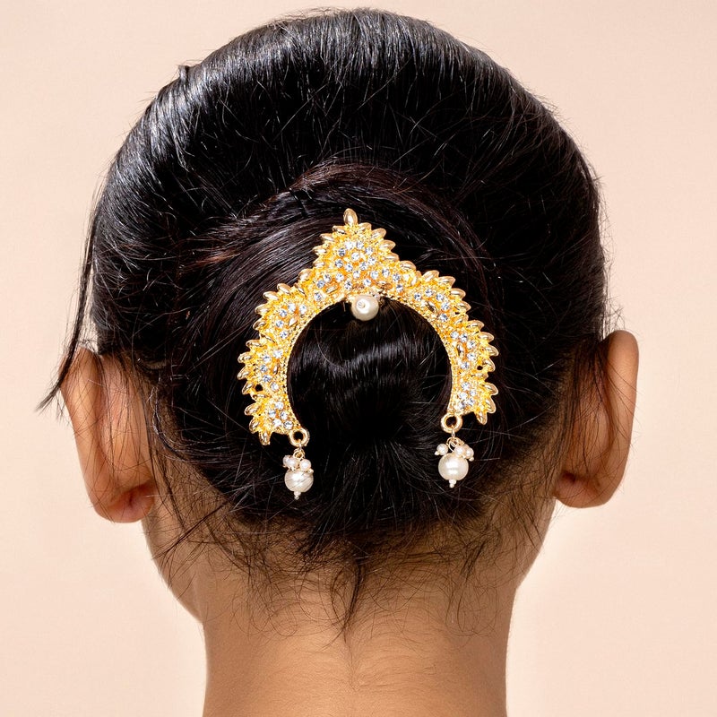 PEORA Indian Wedding Jewellery Kundan Pearl Hair Accessary Juda Pin with Hanging Pearl for Women Girls (1 Pc) - Image 2