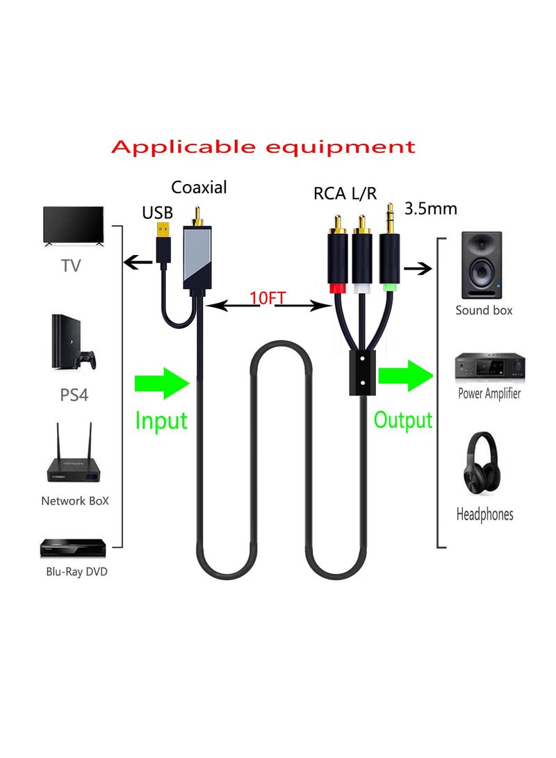SYOSI Digital Coaxial to Analog 3.5mm AUX Audio Cable, Coaxial to 2 RCA Adapter, All-in-one D/A Audio Converter for TV PS4 Xbox one Network Box Blu-ray DVD to Sound Box Amplifier Headphone (10FT)  - Image 3