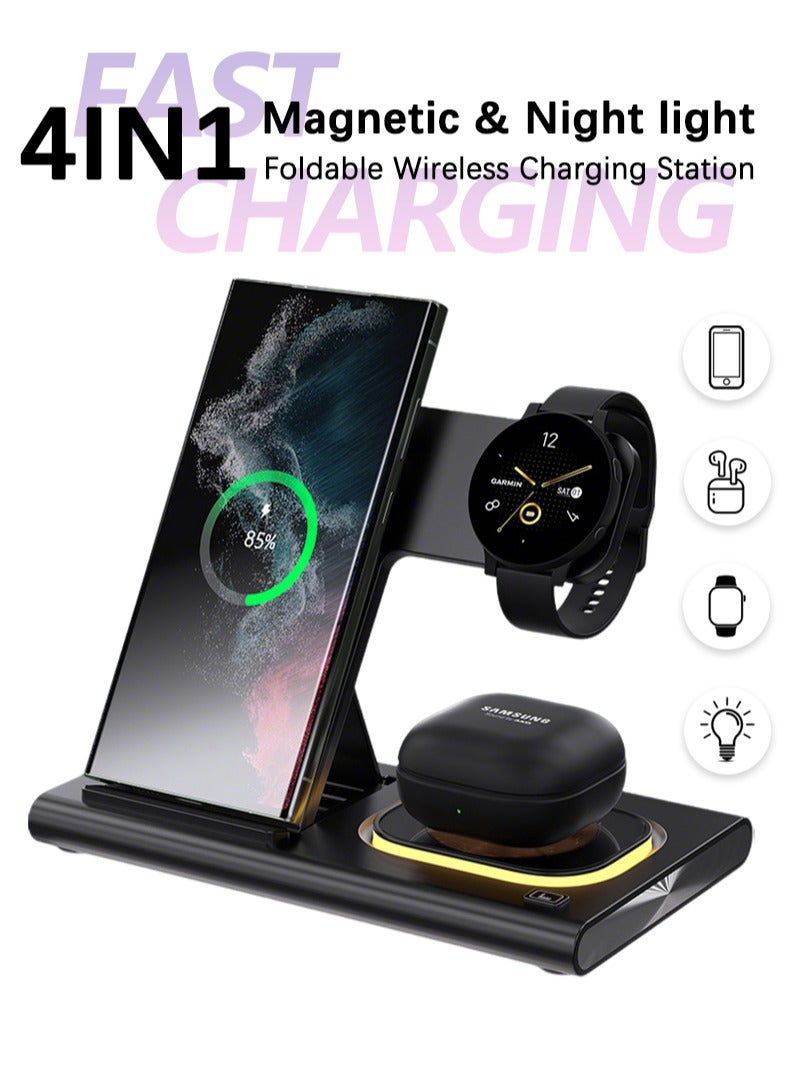 CAYGA Wireless Charger Station, 4 in 1 Fast Wireless Charger Stand, Foldable Wireless Charger for Samsung Galaxy S24 Ultra Plus S23 S22 S21 S20, Z Flip/Fold 5 4 3, Watch 6 5 4 3 Active, Buds 2 Pro/Live, Android - Image 1