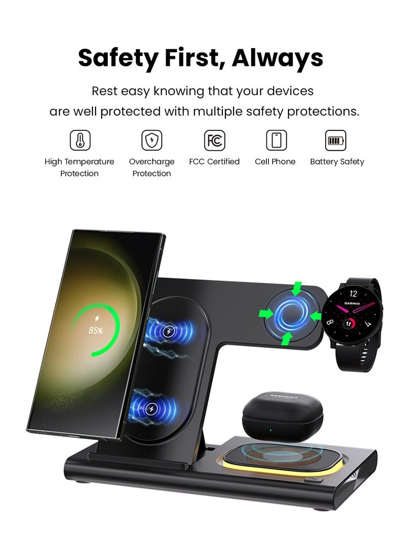 CAYGA Wireless Charger Station, 4 in 1 Fast Wireless Charger Stand, Foldable Wireless Charger for Samsung Galaxy S24 Ultra Plus S23 S22 S21 S20, Z Flip/Fold 5 4 3, Watch 6 5 4 3 Active, Buds 2 Pro/Live, Android - Image 4