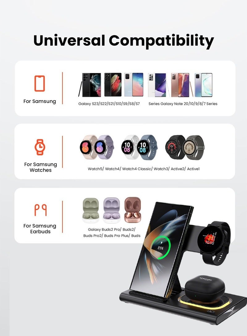 CAYGA Wireless Charger Station, 4 in 1 Fast Wireless Charger Stand, Foldable Wireless Charger for Samsung Galaxy S24 Ultra Plus S23 S22 S21 S20, Z Flip/Fold 5 4 3, Watch 6 5 4 3 Active, Buds 2 Pro/Live, Android - Image 5