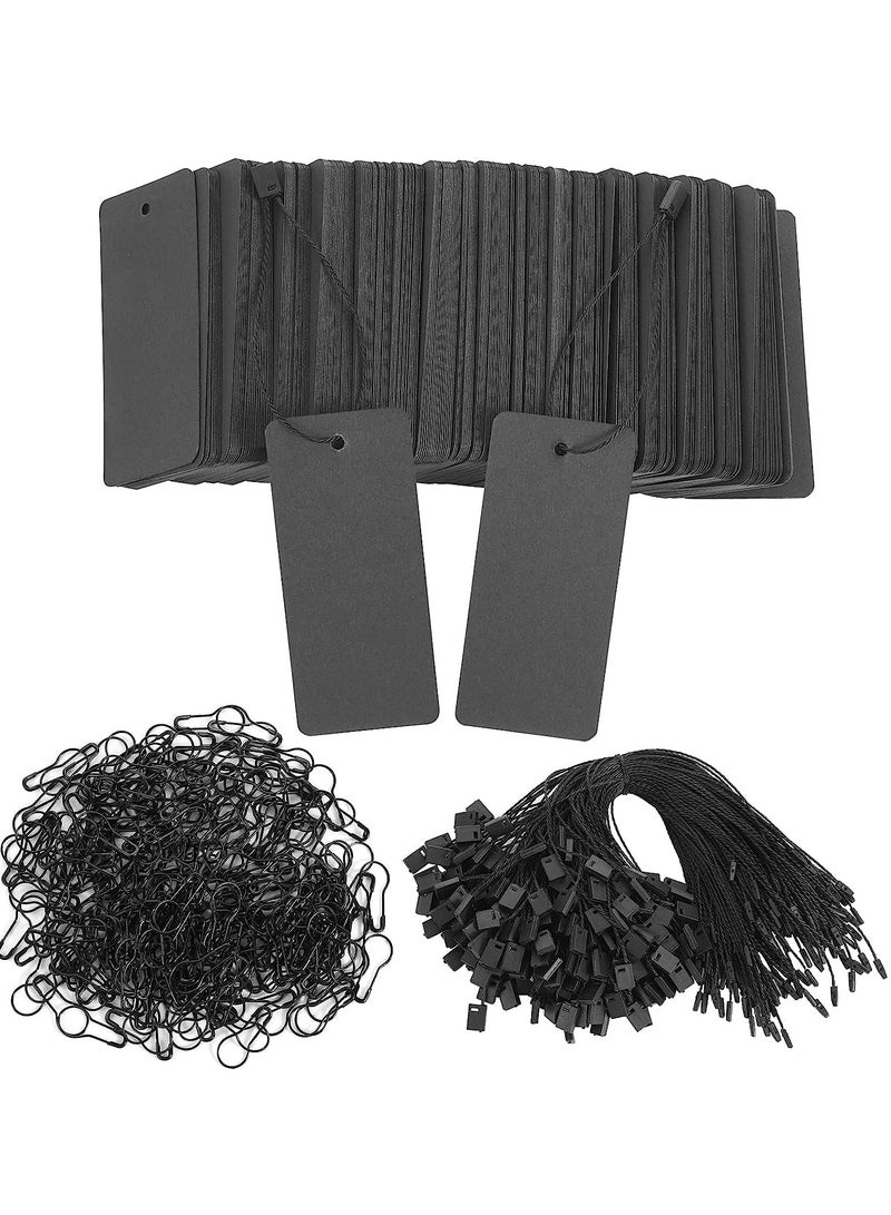 SYOSI 300 Set Black Price Tags with Elastic String and Safety Pins Custom Clothing Tags Black Kraft Paper Hang Tags String Product Tags for Clothes Crafts Display (1.57" x 3.54") - Image 1
