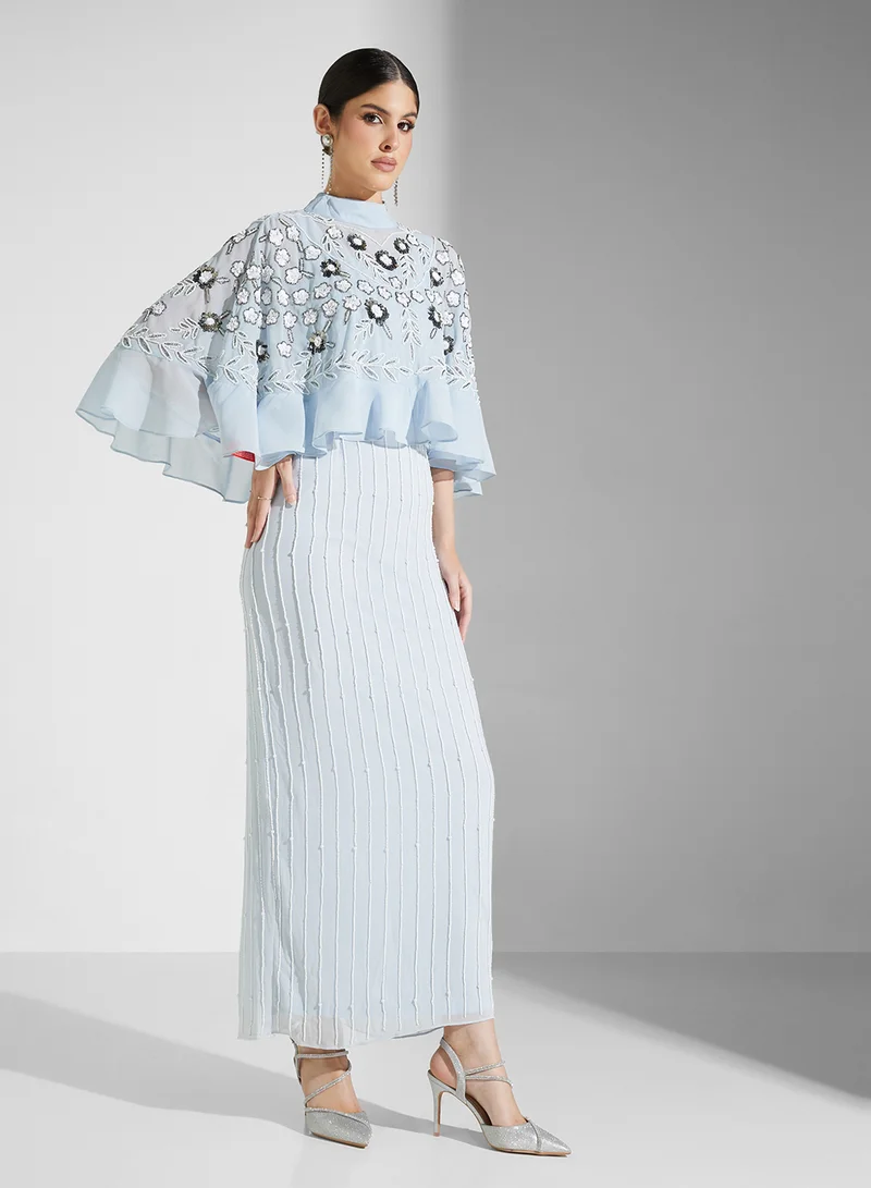 Frock and Frill Embroidered Cape Maxi Dress