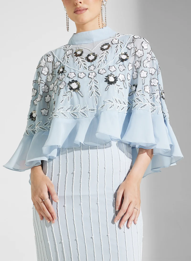 Frock and Frill Embroidered Cape Maxi Dress