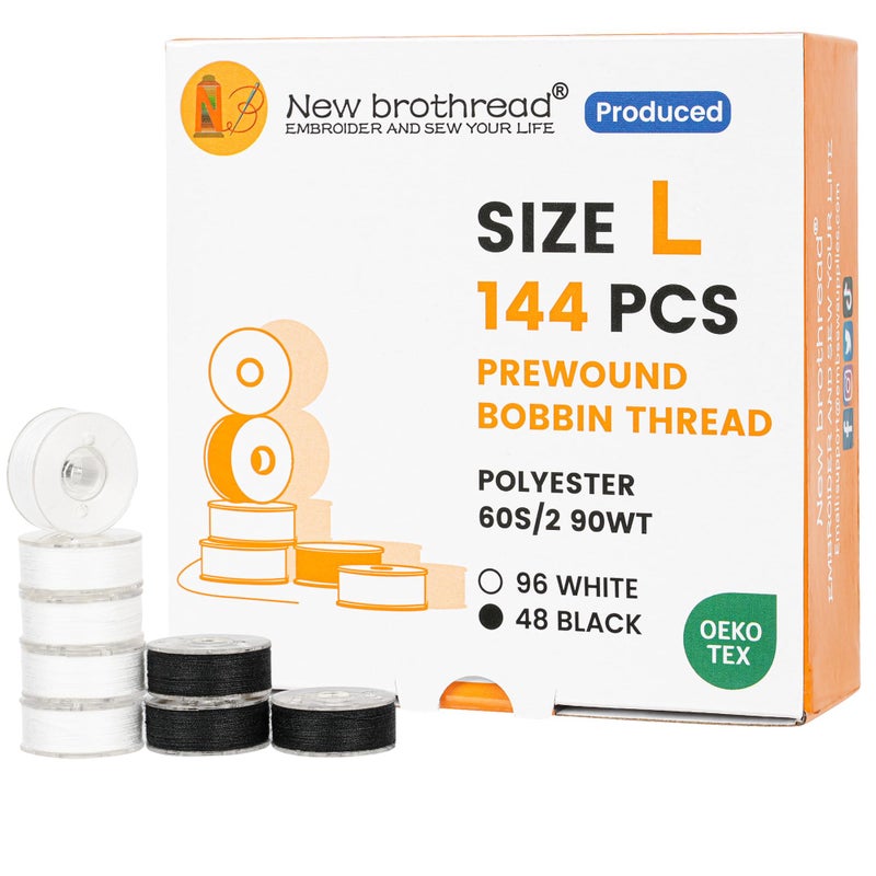 New brothread 144pcs Type L Size (SA155)(96White+48Black) Prewound Bobbin Thread Plastic Side for Commercial & Home Embroidery and Sewing Machine-90 weight Cottonized Soft Feel Polyester Sewing Thread - Image 1