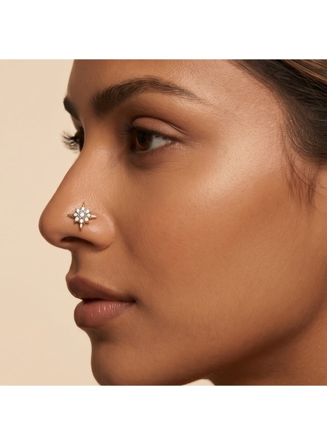 Bafleh Jewellery Starburst Diamond Nose Pin in 18K Yellow Gold with Multi Stone Cluster Setting - Image 5
