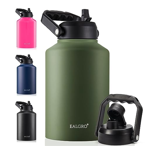 EALGRO Gallon Insulated Water Bottle Jug with Straw 128 oz Large Stainless Steel Sports Metal Water Canteen With Handle Thermal Water Cup Mug with 2 Lids Army Green