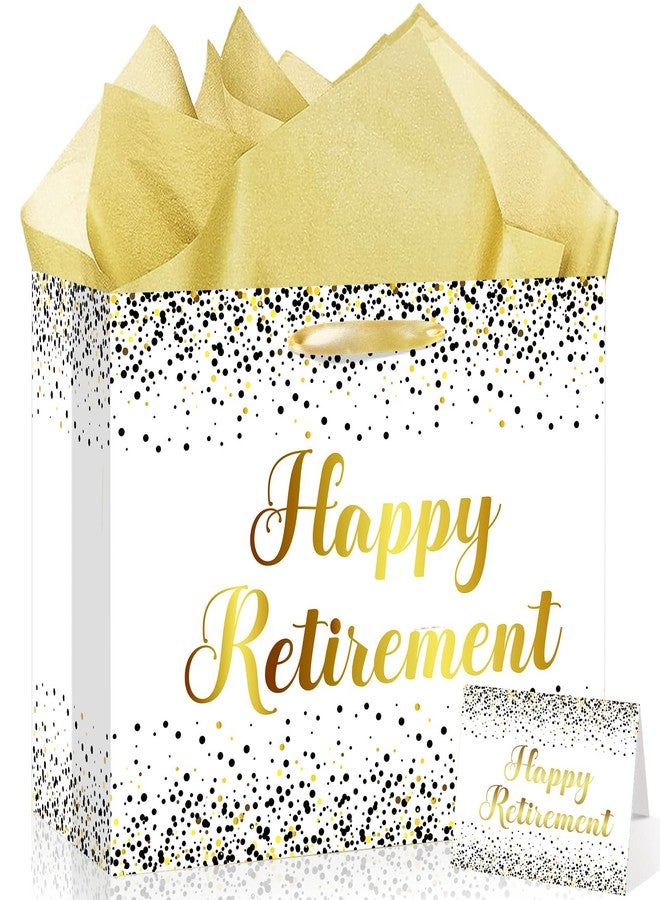 Woosytoo Retirement Gift Bag for Men Women, White Gold Happy Retirement Gift Bag with Card and Tissue Paper for Office Coworker Going Away Farewell Party Gifts Wrapping Supplies - Image 1