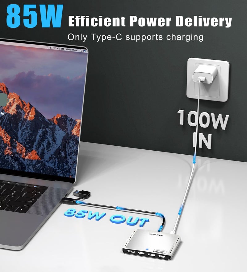 WAVLINK USB C to 4K HDMI & DP Adapter, Extended Quad Displays for Mac/Windows, Dual 8K or Quad 4K Monitors Splitter, DP Port Supports 120Hz high-Refresh, with PD 85W for Laptop (DL-7400) - Image 4