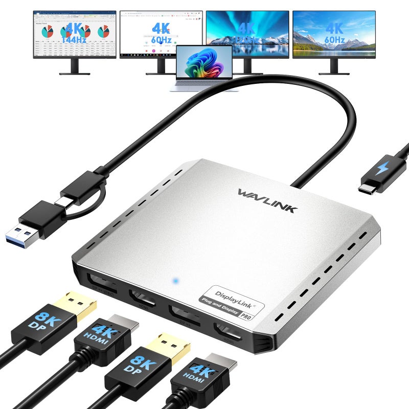WAVLINK USB C to 4K HDMI & DP Adapter, Extended Quad Displays for Mac/Windows, Dual 8K or Quad 4K Monitors Splitter, DP Port Supports 120Hz high-Refresh, with PD 85W for Laptop (DL-7400) - Image 1