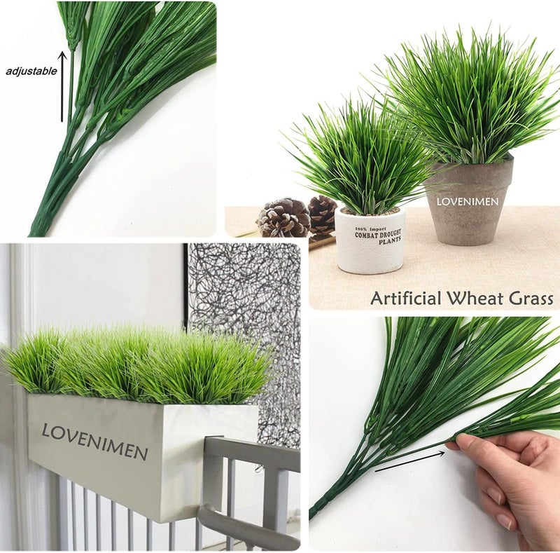 LOVENIMEN Artificial Grass Plants Outdoor UV resistant Faux Plastic Wheat Grass Fake Leaves Shrubs Wholesale Greenery Bushes Indoor Outside Home Garden Light Green Verandah Office Windowsill Décor - 8 Pcs - Image 4