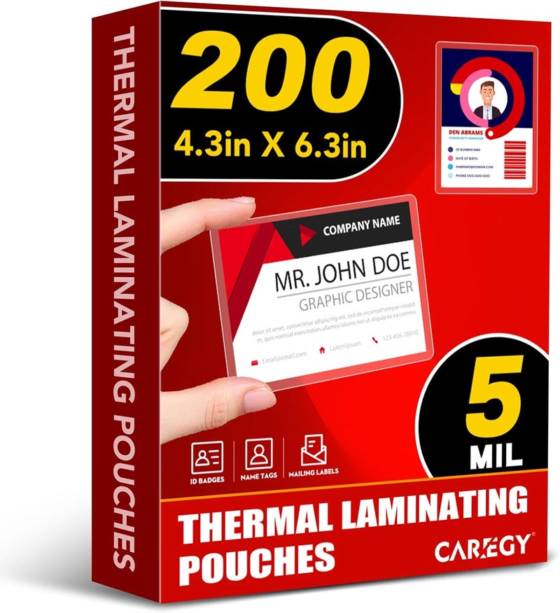 CAREGY أكياس تغليف حراري من ، 200 قطعة، 5 مل، مقاس 4.3 × 6.3 بوصة لتغليف الصور والبطاقات، زوايا مستديرة، مثالية للاستخدام المنزلي والمكتبي - Image 1