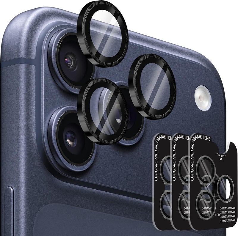 Orzero (3 Sets) Camera Lens Protector Compatible for iPhone 17 Pro/17 Pro Max/16 Pro/16 Pro Max/15 Pro/15 Pro Max/14 Pro/14 Pro Max, Protector de Cámera One-Step Installation Tray Individual Metal Ring Glass - Black - Image 1