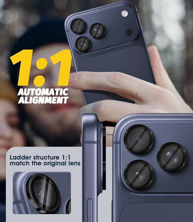Orzero (3 Sets) Camera Lens Protector Compatible for iPhone 17 Pro/17 Pro Max/16 Pro/16 Pro Max/15 Pro/15 Pro Max/14 Pro/14 Pro Max, Protector de Cámera One-Step Installation Tray Individual Metal Ring Glass - Black - Image 4
