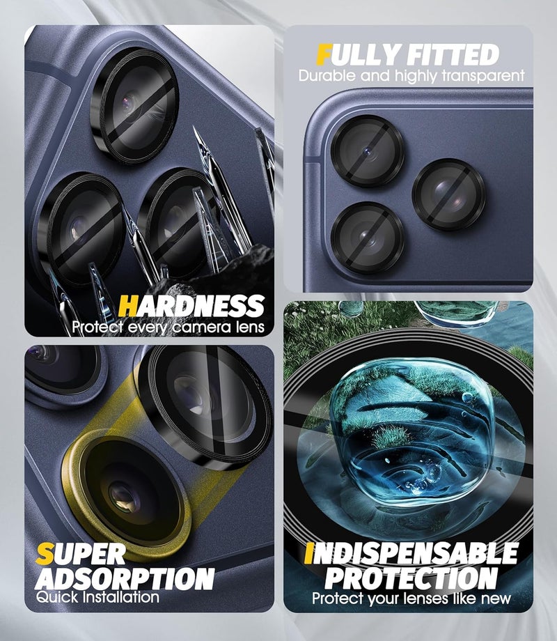 Orzero (3 Sets) Camera Lens Protector Compatible for iPhone 17 Pro/17 Pro Max/16 Pro/16 Pro Max/15 Pro/15 Pro Max/14 Pro/14 Pro Max, Protector de Cámera One-Step Installation Tray Individual Metal Ring Glass - Black - Image 3