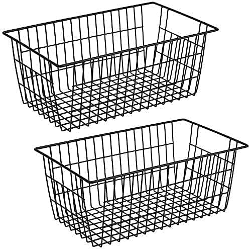 Slideep Farmhouse Large Wire Organizer Storage Bins Freezer Food Storage Basket for Kitchen Cabinets Office Bathroom Pantry Organization Storage Bins Rack with Handles 2 Pack Black - Image 1