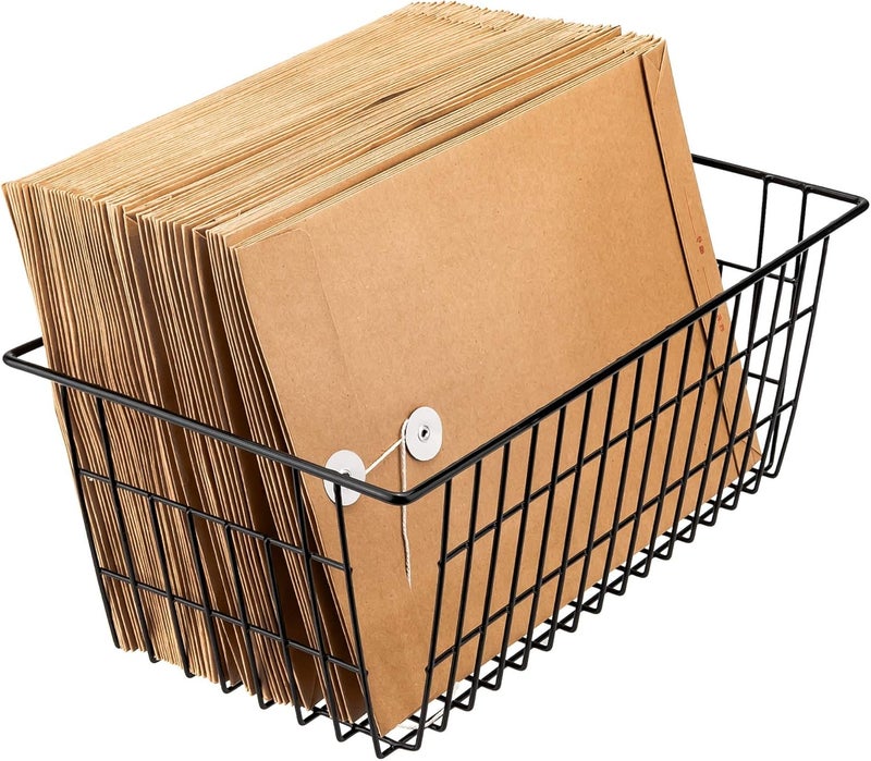 Slideep Farmhouse Large Wire Organizer Storage Bins Freezer Food Storage Basket for Kitchen Cabinets Office Bathroom Pantry Organization Storage Bins Rack with Handles 2 Pack Black - Image 2