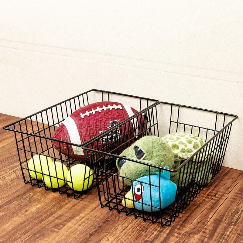 Slideep Farmhouse Large Wire Organizer Storage Bins Freezer Food Storage Basket for Kitchen Cabinets Office Bathroom Pantry Organization Storage Bins Rack with Handles 2 Pack Black - Image 3