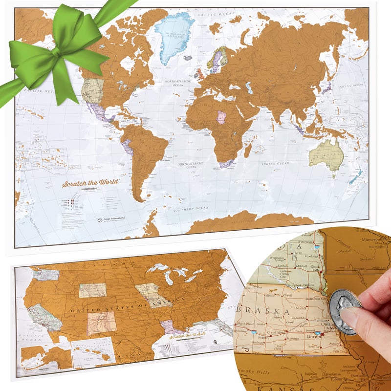 Maps International Scratch Off Map of the World Poster 17 x 22" + USA Scratch Off Map 11 x 17" - Easy to Frame - Image 1